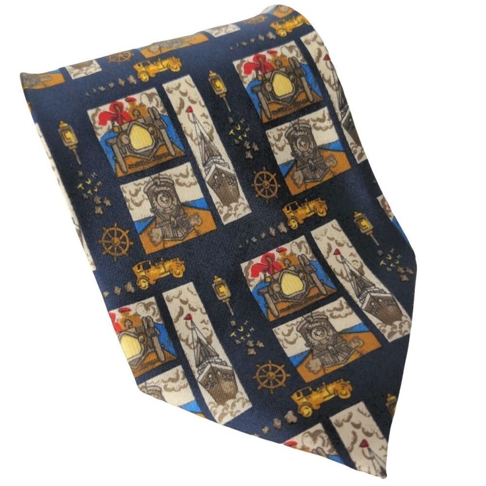 Aker Silk Necktie Ships Boats Cars Trains